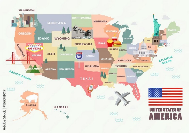 Bản đồ nước Mỹ với hai điểm nhấn New York bờ Đông và Los Angeles bờ Tây