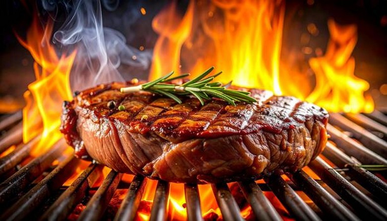 Cận cảnh miếng bò xay dày đang nướng trên vỉ phẳng