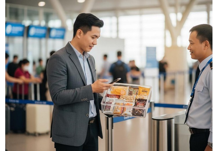 Hành khách gom đồ ăn vào một túi riêng để tiện khai báo và kiểm tra