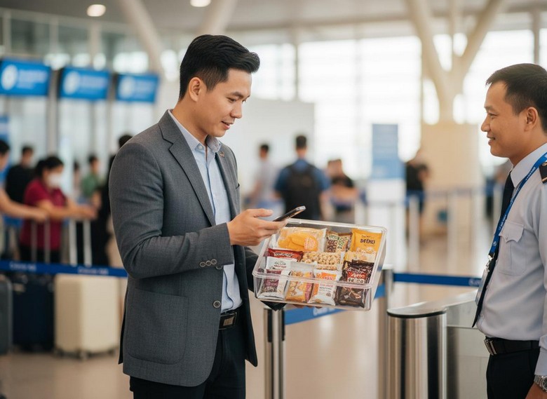 Hành khách gom đồ ăn vào một túi riêng để tiện khai báo và kiểm tra
