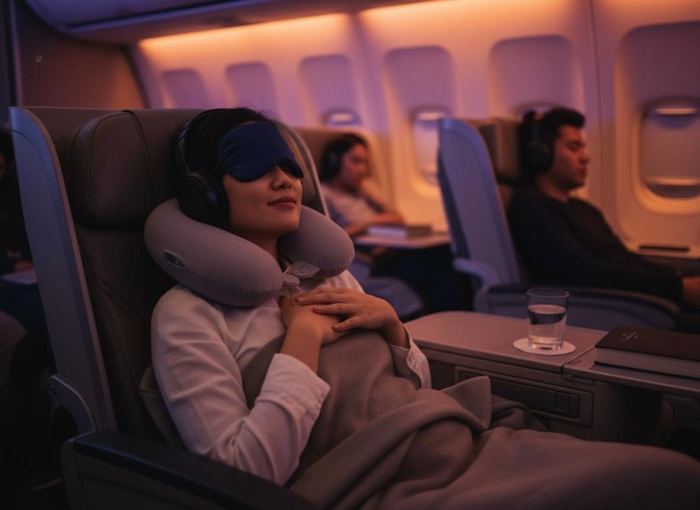 Khách nghỉ ngơi trên chuyến bay đêm chặng dài để chống lệch múi giờ